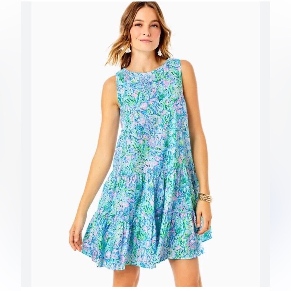 Sleeveless Blue Floral Tiered Swing Dress